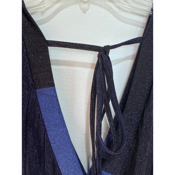 Striped Pleated Midi Dress With Tie Back Detail Black & Blue Size M - Picture 5 of 10